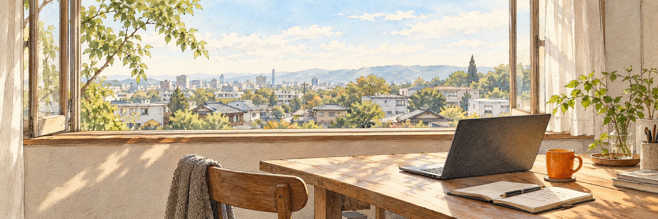 開いた窓と街の風景、ノートとオレンジのマグがある仕事場のイラスト。事業と暮らしの余白を表現。