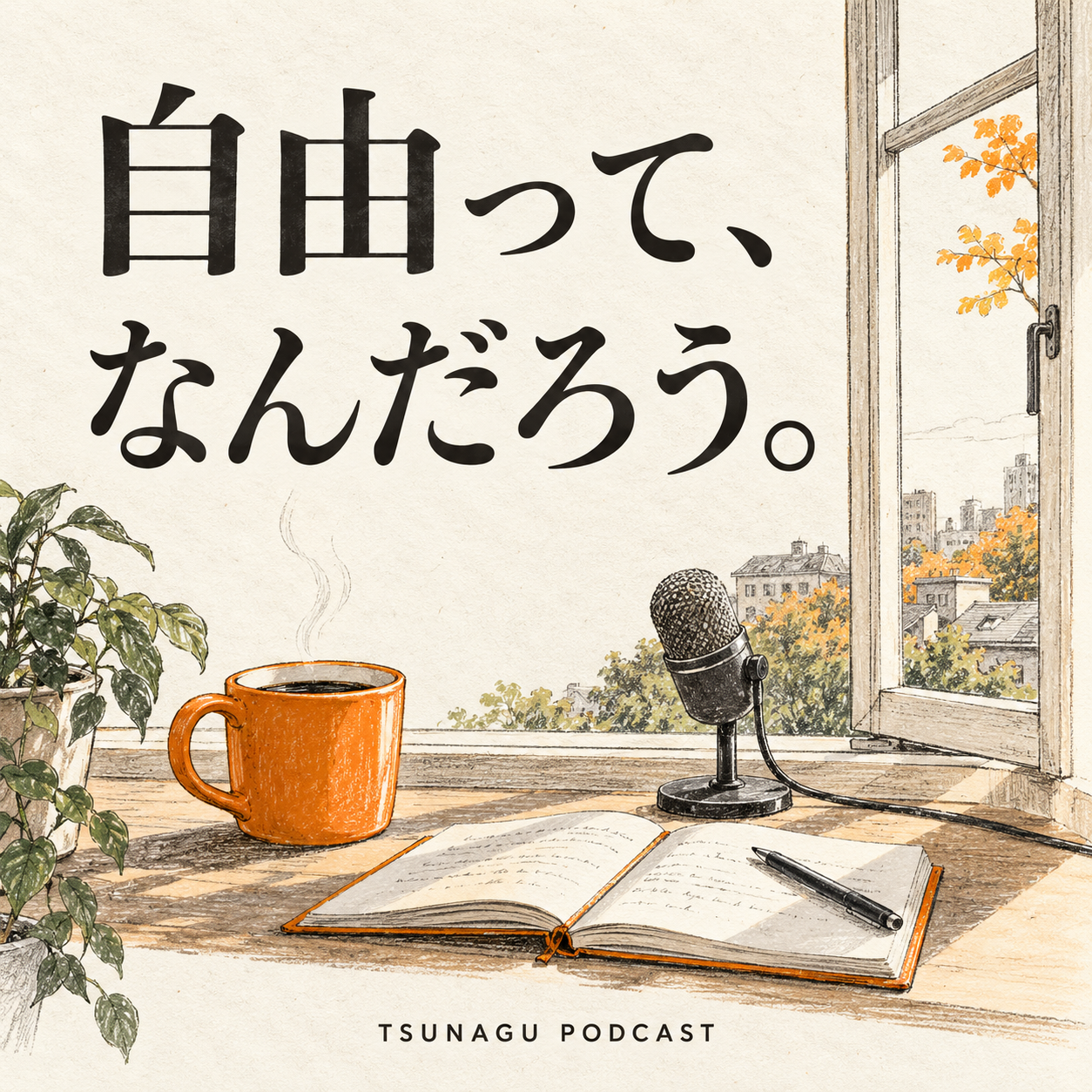 Podcast「自由って、なんだろう。」の番組カバー。窓辺のコーヒー、ノート、マイクのイラスト。